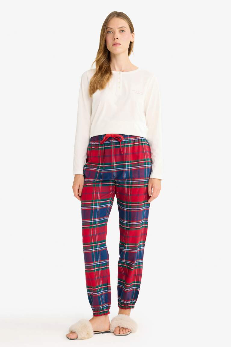 Yılbaşı Temalı Beli Lastikli Ekose Desenli Flanel Pijama Altı-Fall in Love
