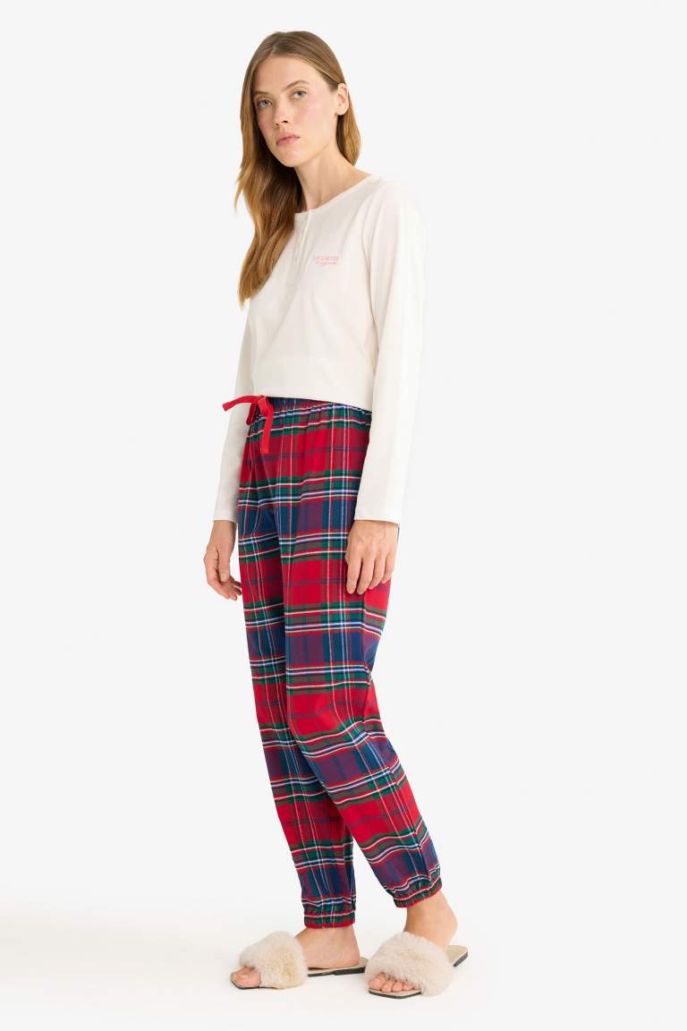 Yılbaşı Temalı Beli Lastikli Ekose Desenli Flanel Pijama Altı-Fall in Love