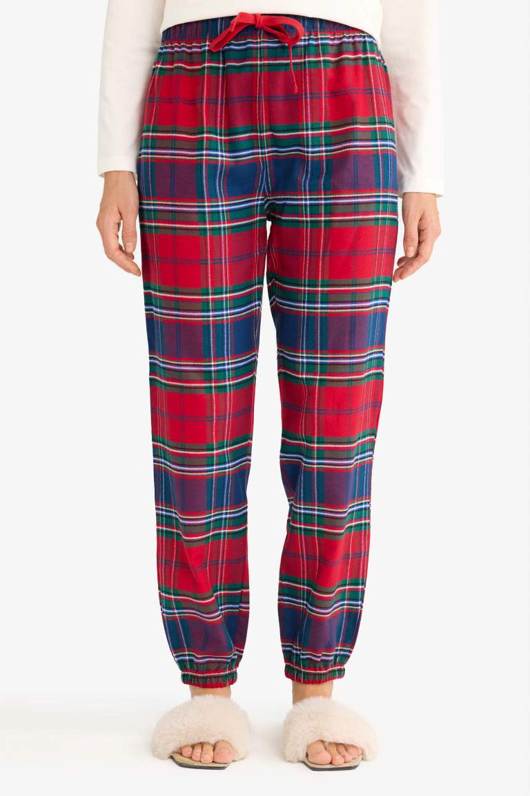 Yılbaşı Temalı Beli Lastikli Ekose Desenli Flanel Pijama Altı-Fall in Love