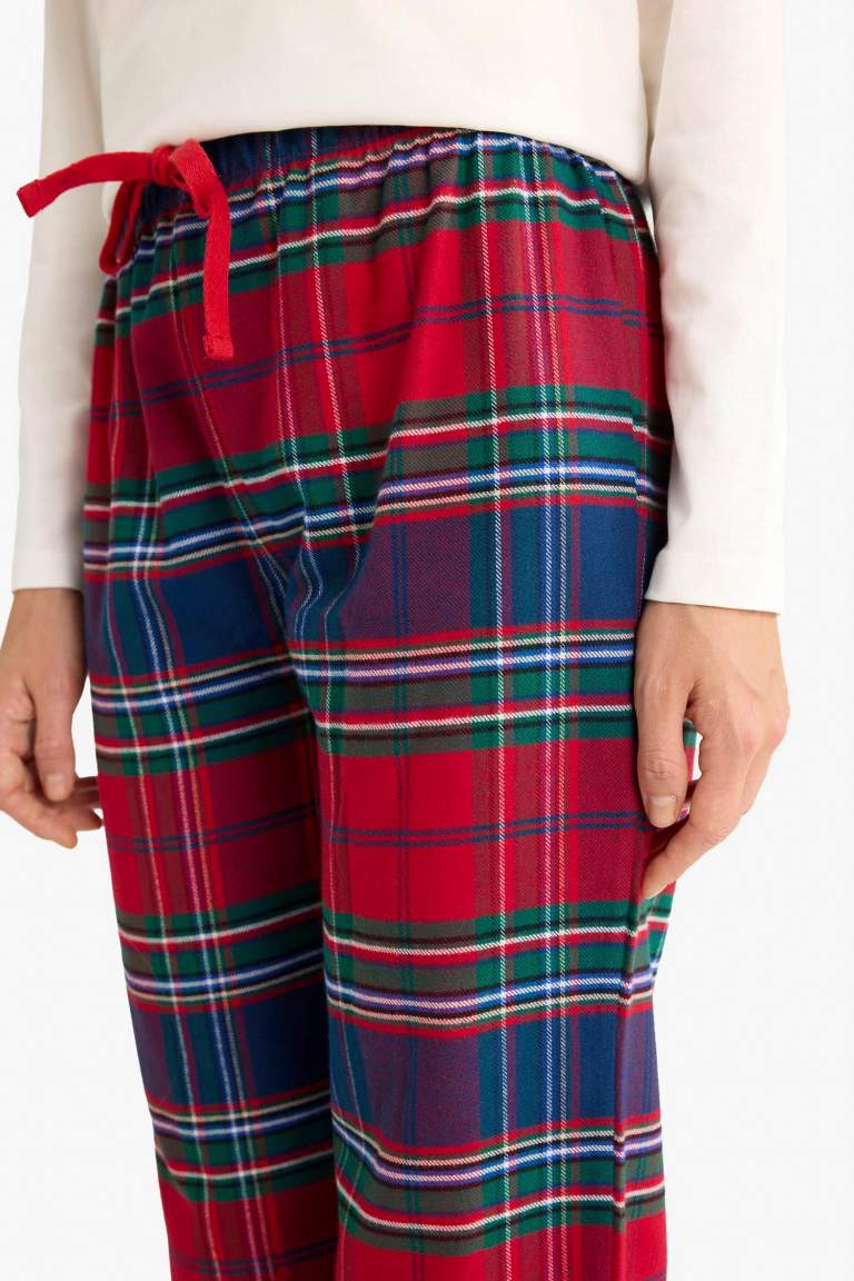 Yılbaşı Temalı Beli Lastikli Ekose Desenli Flanel Pijama Altı-Fall in Love