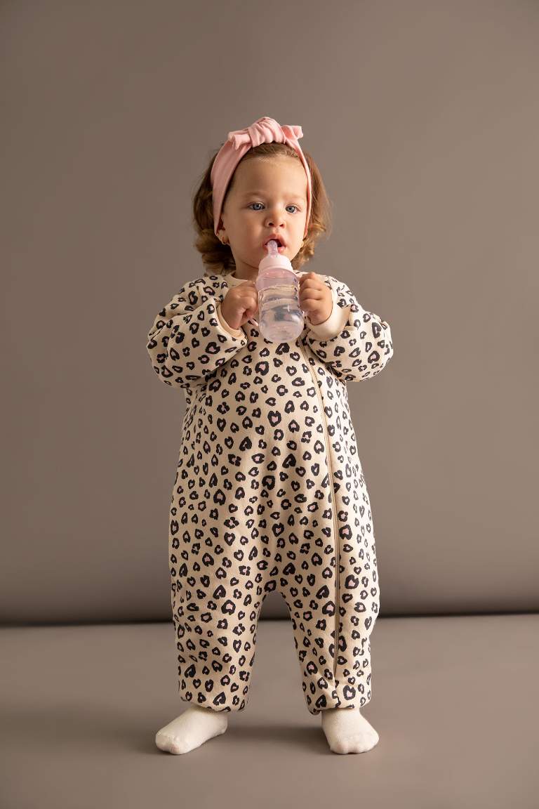 Kız Bebek Yeni Doğan 2,5 Tog Leopar Desenli Fermuarlı Uzun Kollu Bisiklet Yaka Uyku Tulumu