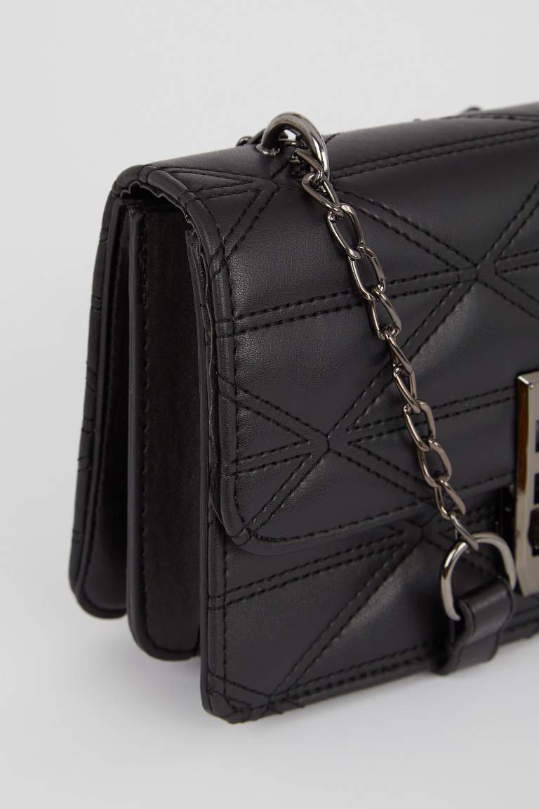 Women's Quilted Chain Embroidered Faux Leather Shoulder Bag