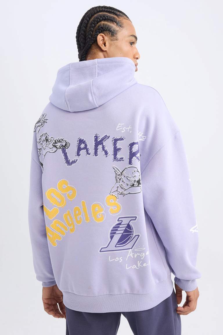 DeFactoFit NBA Los Angeles Lakers Oversize Geniş Kalıp Sırt Baskılı Kapüşonlu Sweatshirt