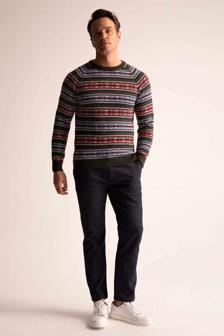Regular Fit Bisiklet Yaka Desenli Triko Kazak