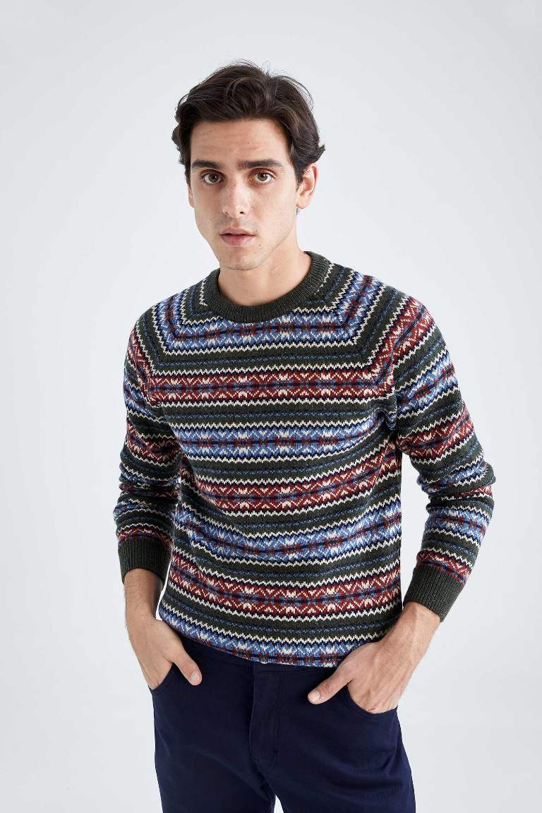Regular Fit Bisiklet Yaka Desenli Triko Kazak