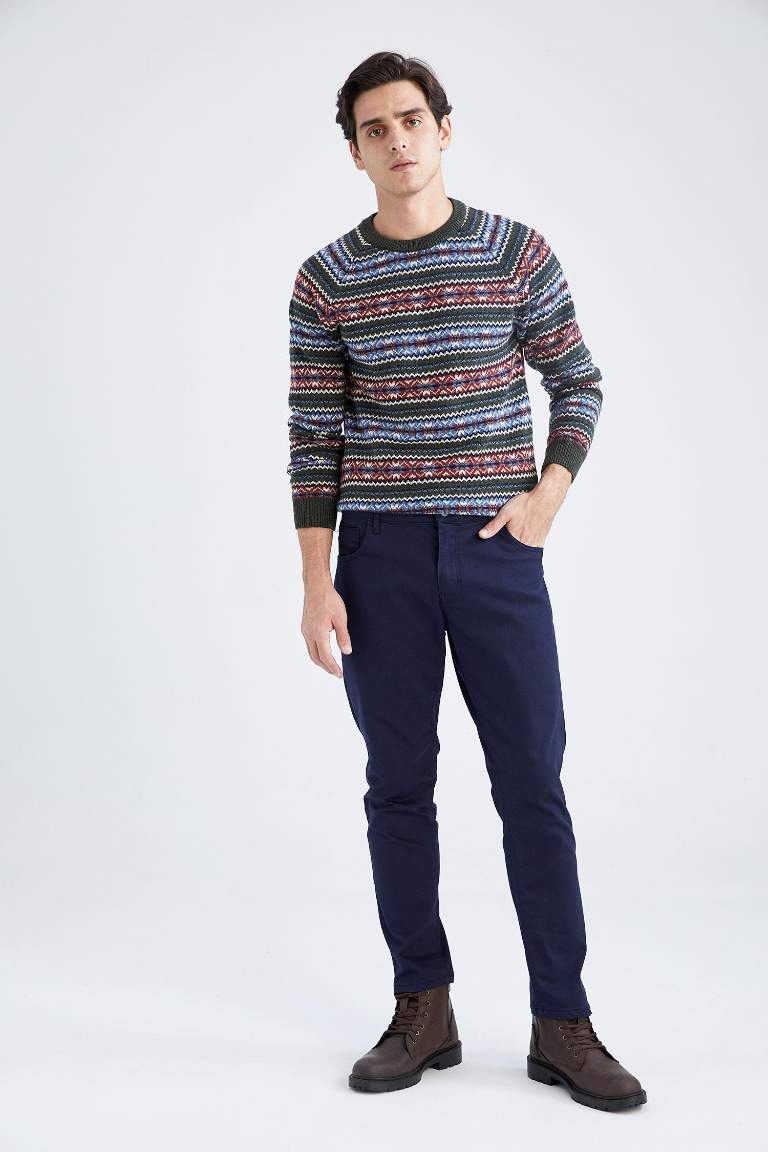 Regular Fit Bisiklet Yaka Desenli Triko Kazak