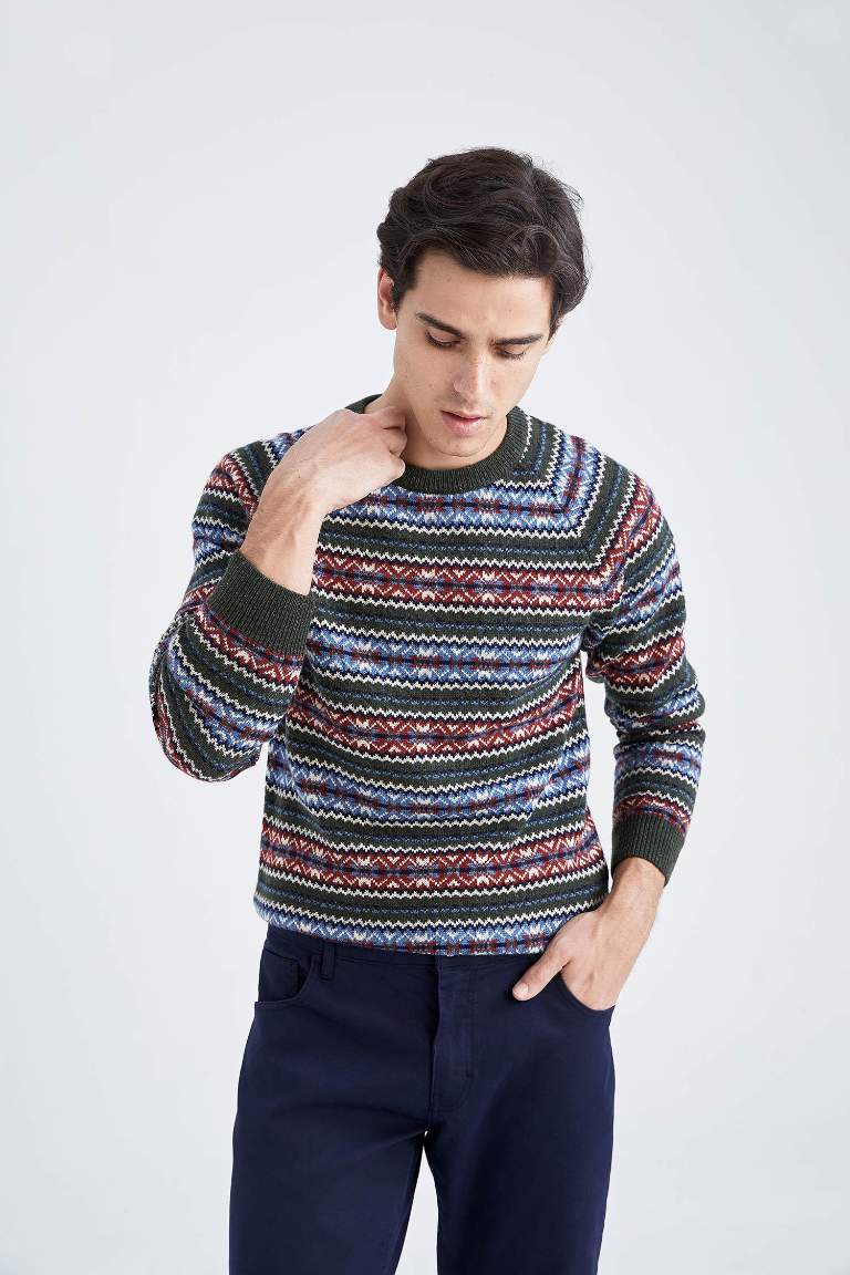 Regular Fit Bisiklet Yaka Desenli Triko Kazak
