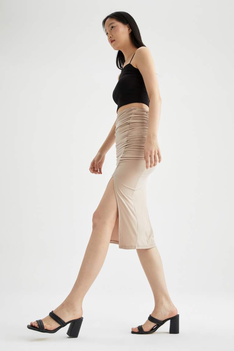 Fitted High Waisted One Side Split Midi Skirt