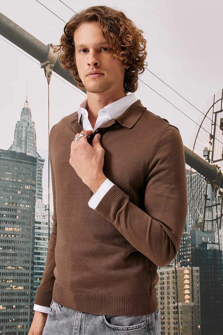 Slim Fit Dar Kesim Polo Yaka Basic Düz Triko Kazak