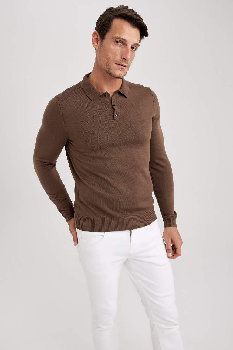 Slim Fit Dar Kesim Polo Yaka Basic Düz Triko Kazak