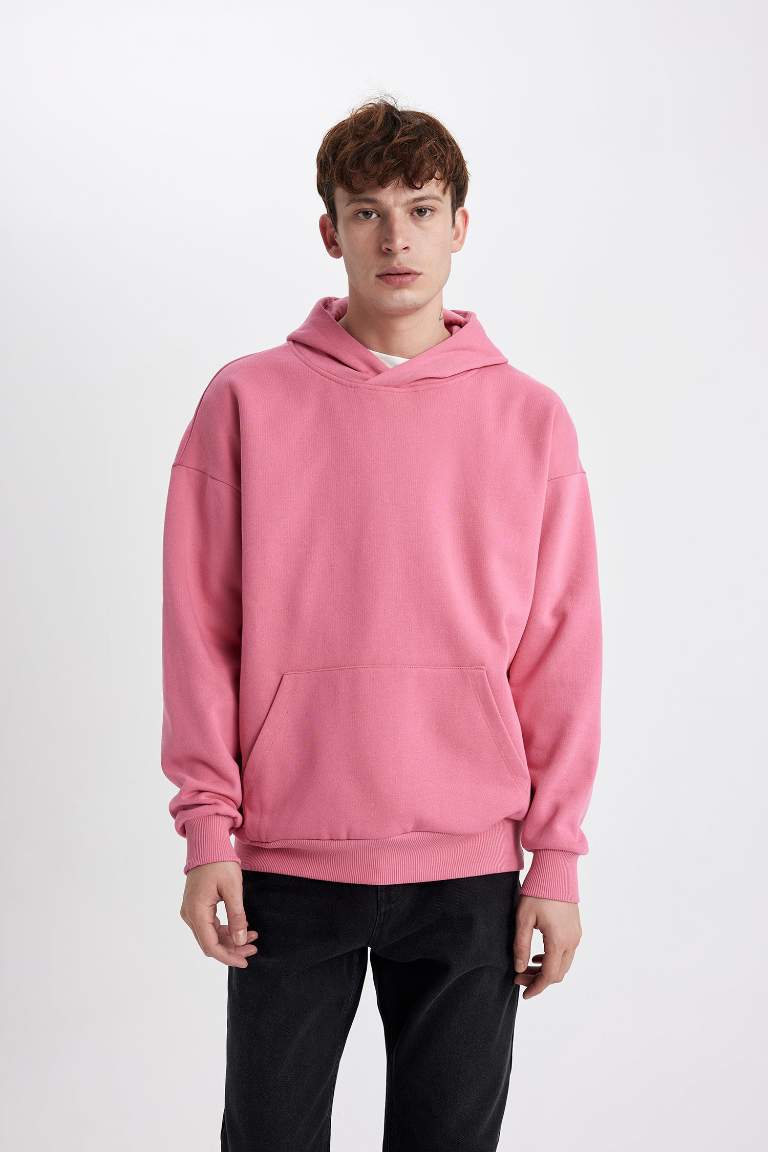 Oversize Geniş Kalıp Kapüşonlu Kanguru Cepli İçi Yumuşak Tüylü Basic Düz Sweatshirt