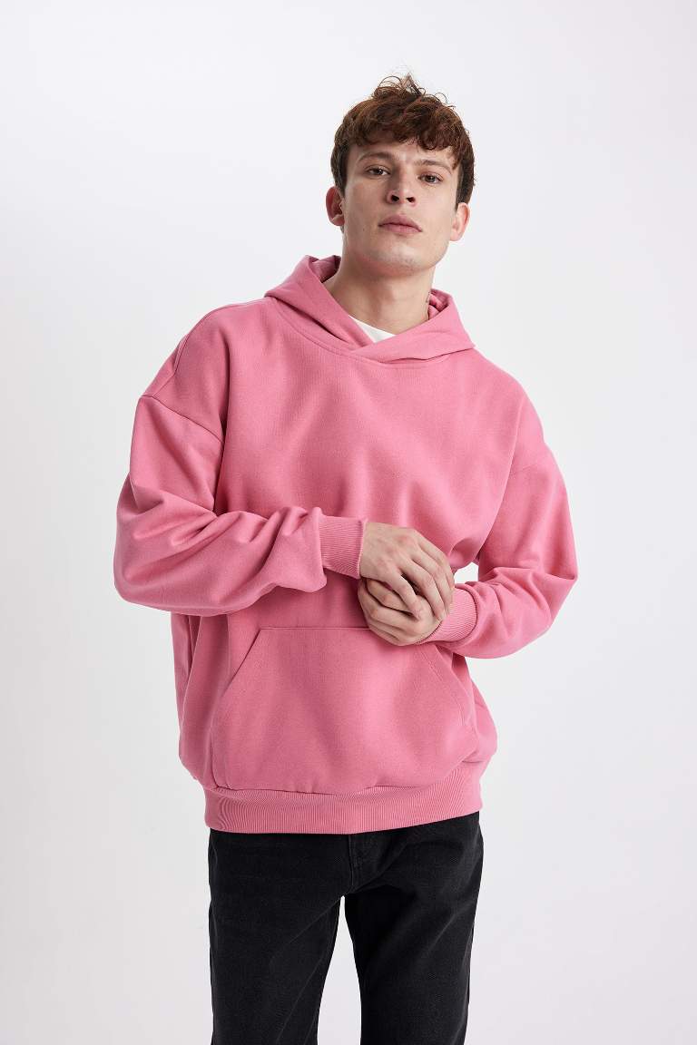 Oversize Geniş Kalıp Kapüşonlu Kanguru Cepli İçi Yumuşak Tüylü Basic Düz Sweatshirt