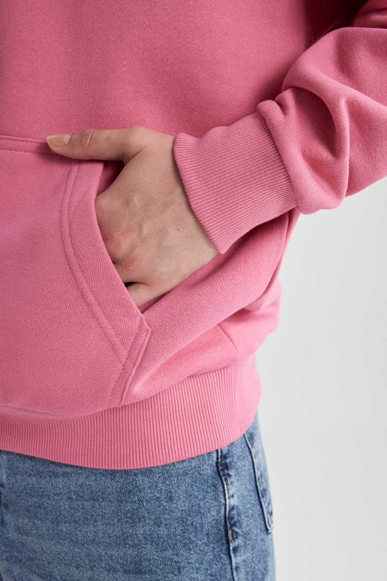 Oversize Geniş Kalıp Kapüşonlu Kanguru Cepli İçi Yumuşak Tüylü Basic Düz Sweatshirt