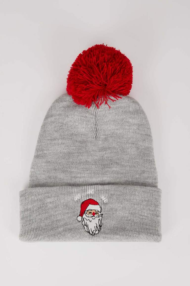 Kadın Noel Baba Baskılı Ponponlu Triko Bere