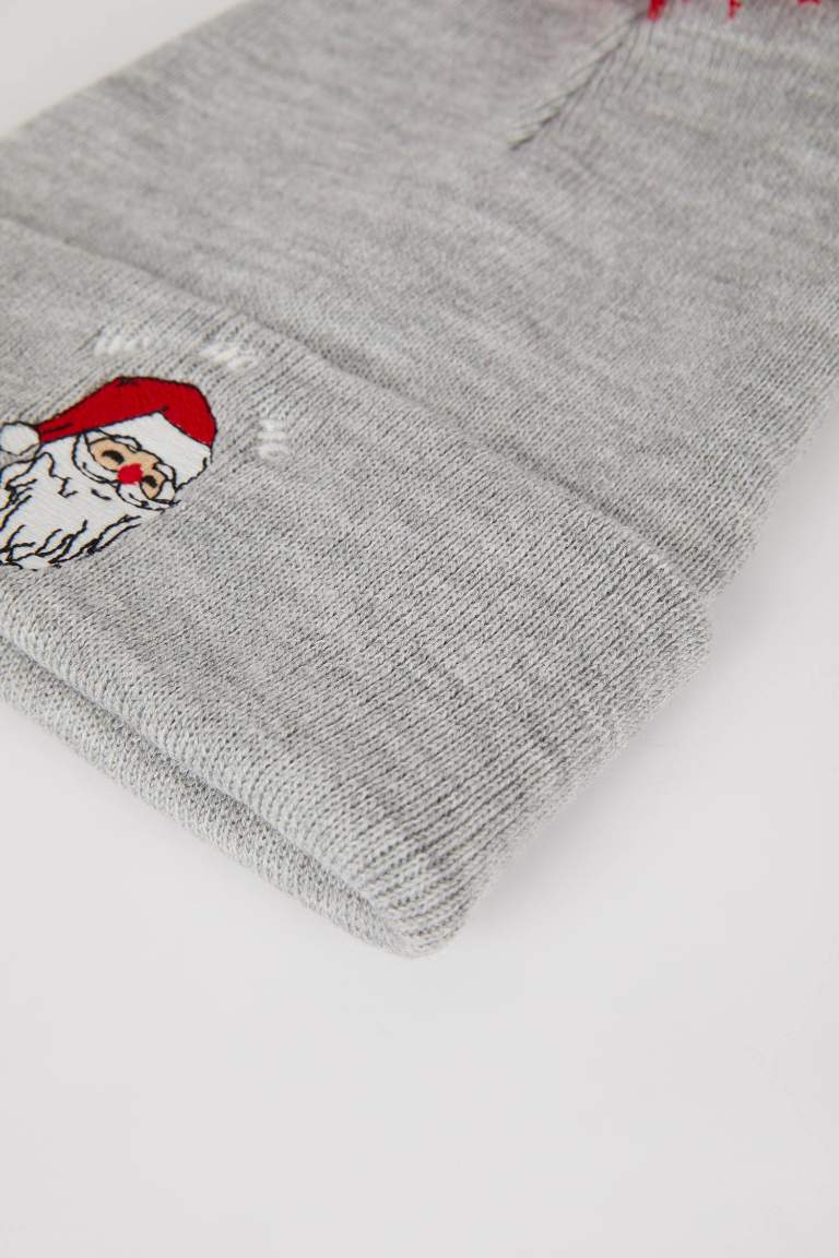 Kadın Noel Baba Baskılı Ponponlu Triko Bere