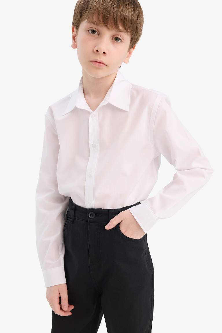 Erkek Çocuk Polo Yaka Poplin Uzun Kollu Gömlek