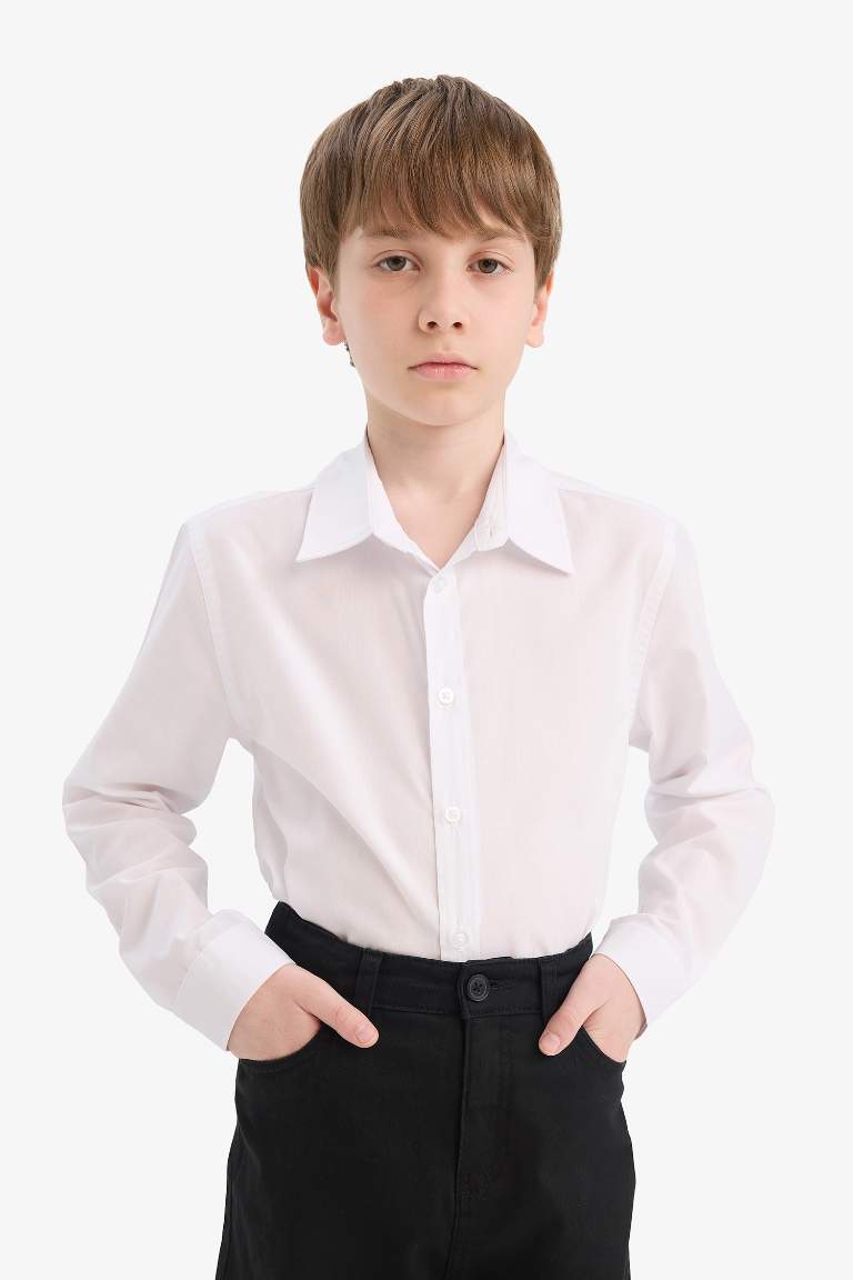 Erkek Çocuk Polo Yaka Poplin Uzun Kollu Gömlek