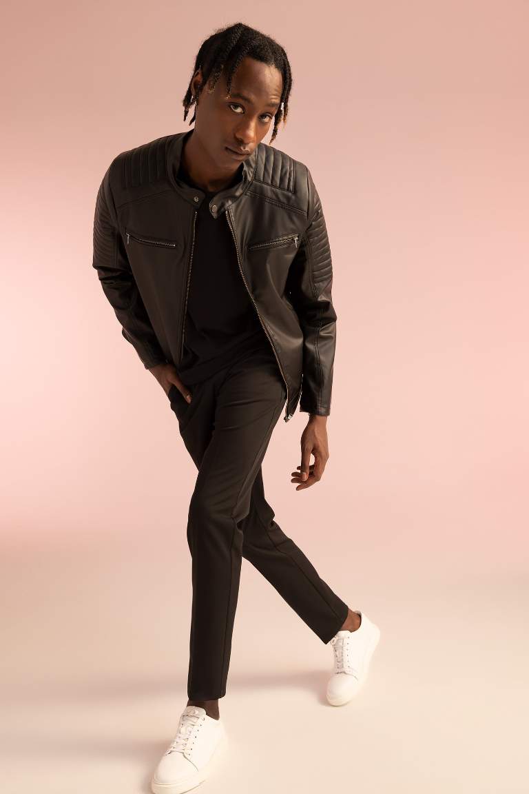 Slim Fit Dik Yaka Fermuar Kapamalı Mevsimlik Suni Deri Ceket