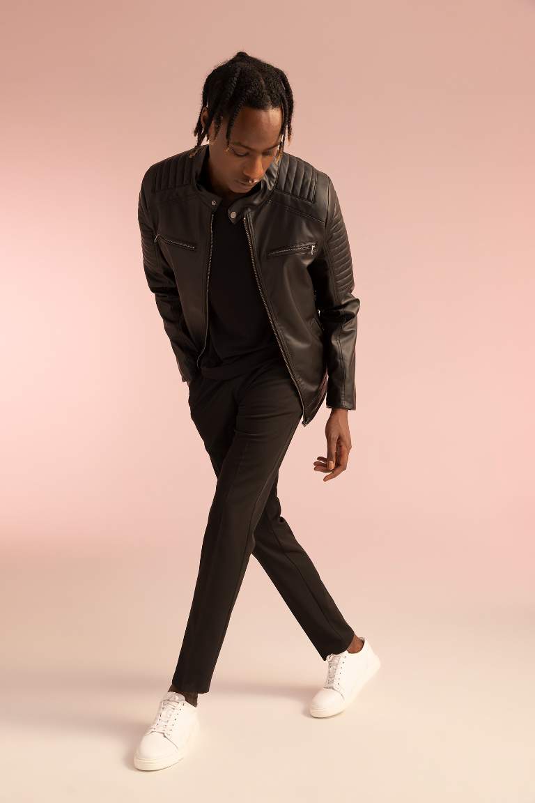 Slim Fit Dik Yaka Fermuar Kapamalı Mevsimlik Suni Deri Ceket