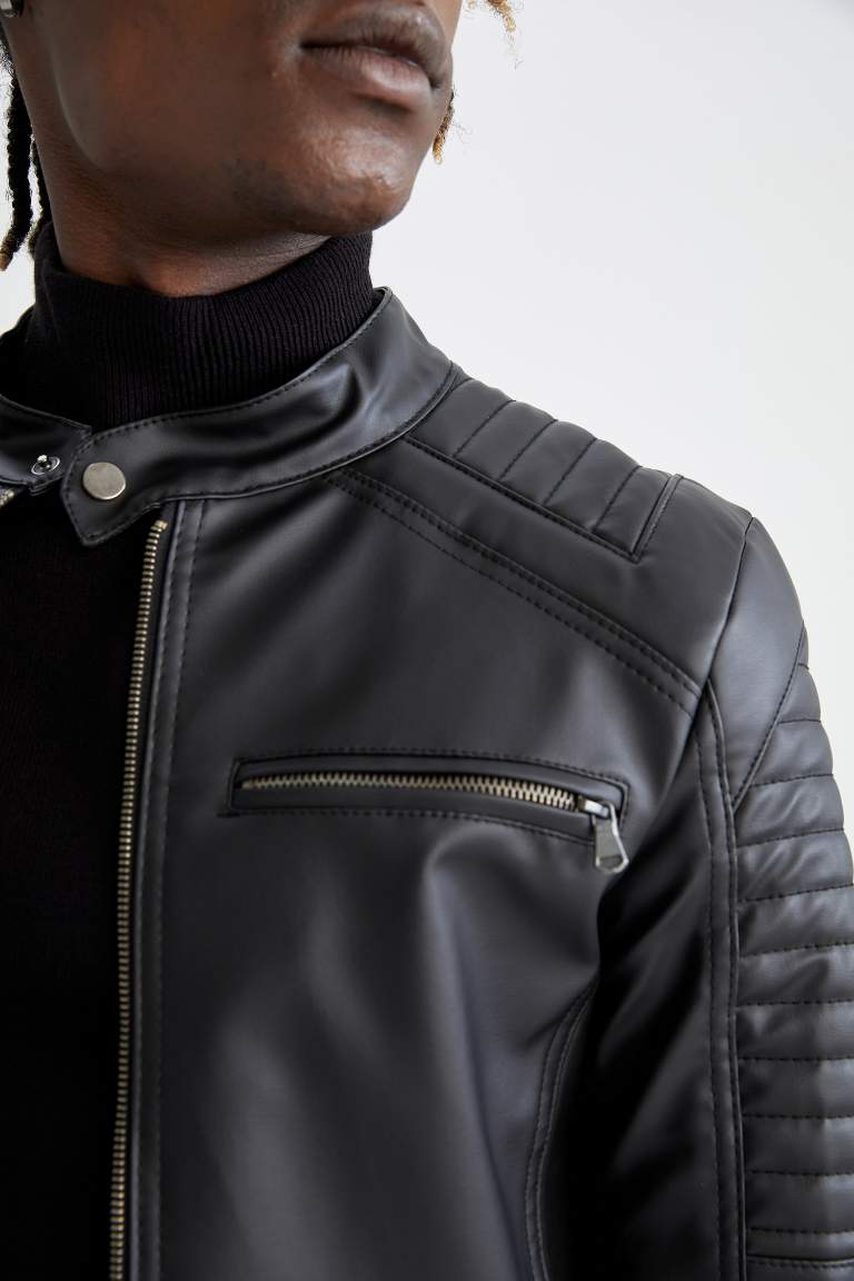 Slim Fit Dik Yaka Fermuar Kapamalı Mevsimlik Suni Deri Ceket