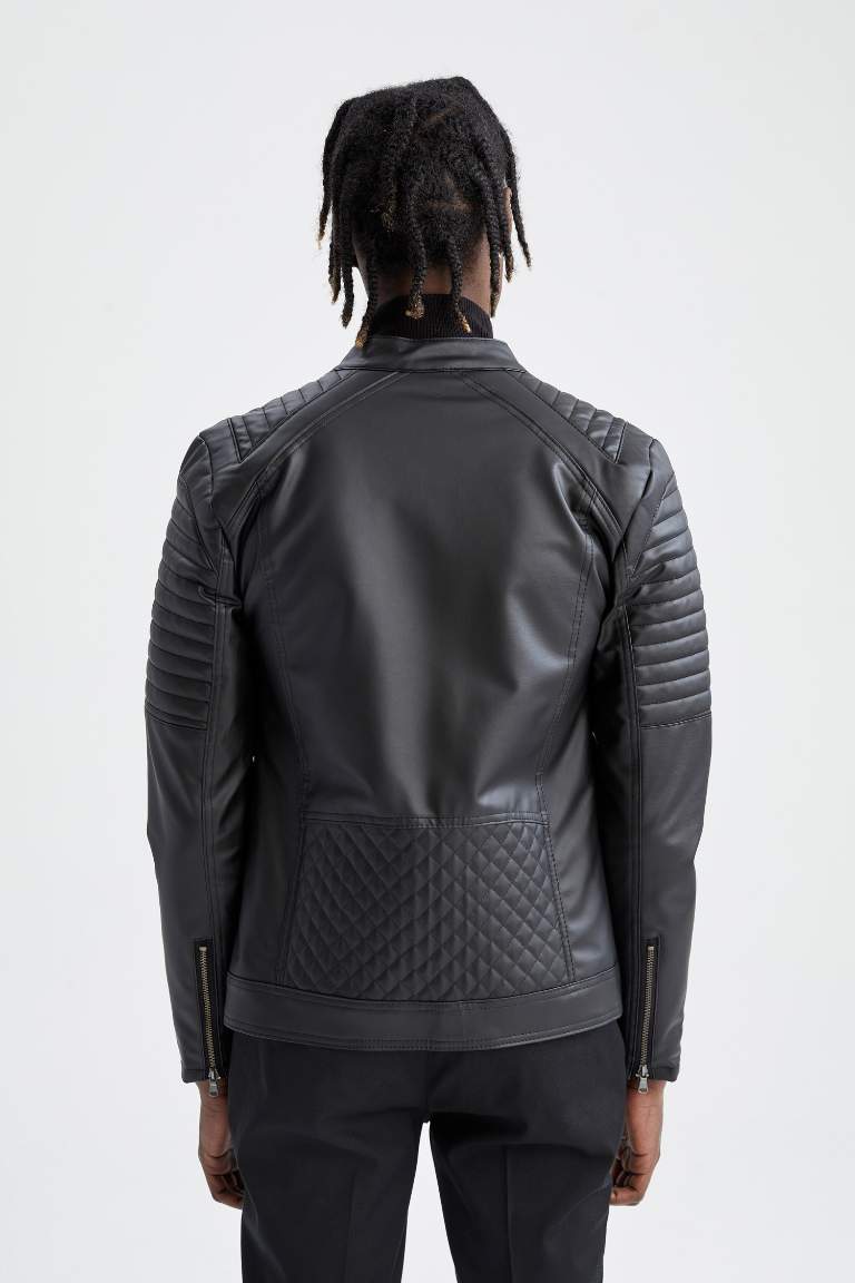 Slim Fit Dik Yaka Fermuar Kapamalı Mevsimlik Suni Deri Ceket