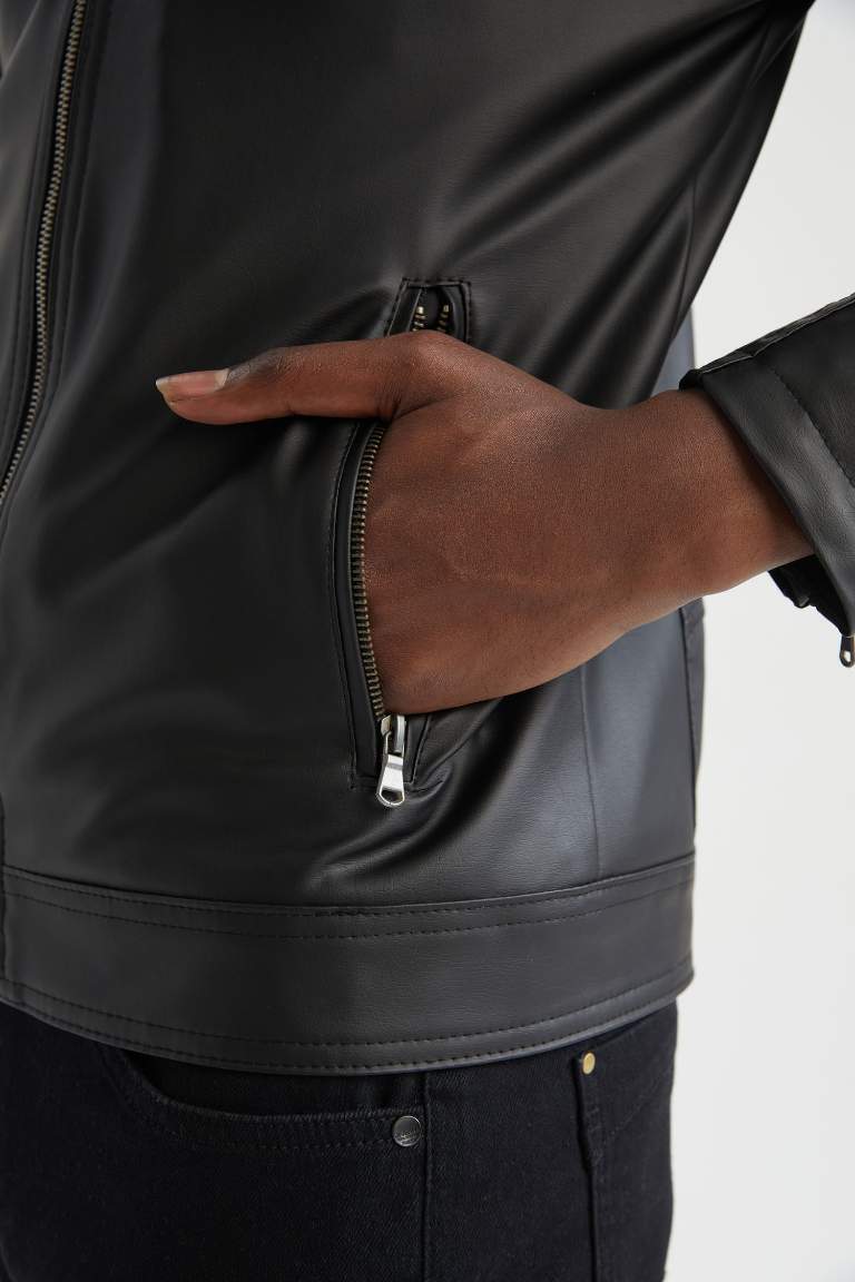 Black Man Slim Fit Faux Leather Faux Leather Jacket Defacto