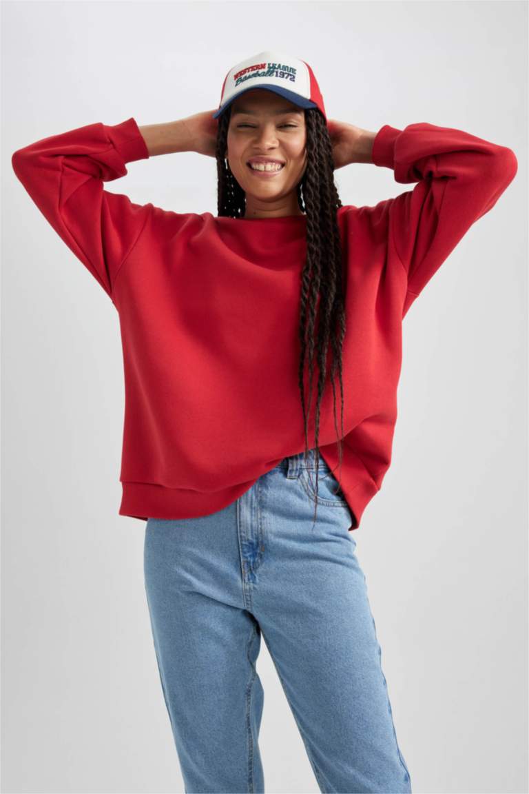 Sweat Oversize Femme MDKWW - Col Rond - Manches Longues - Couleur Unie - Taille XXL Rouge