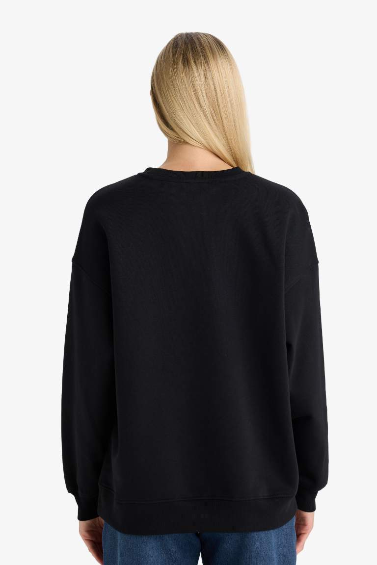 Oversize Geniş Kalıp Bisiklet Yaka Basic Düz Kalın Sweatshirt