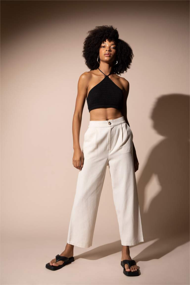 Wide Leg Cepli Beli Lastikli Crop Keten Pantolon