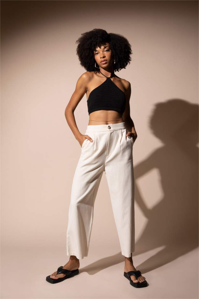 Wide Leg Cepli Beli Lastikli Crop Keten Pantolon