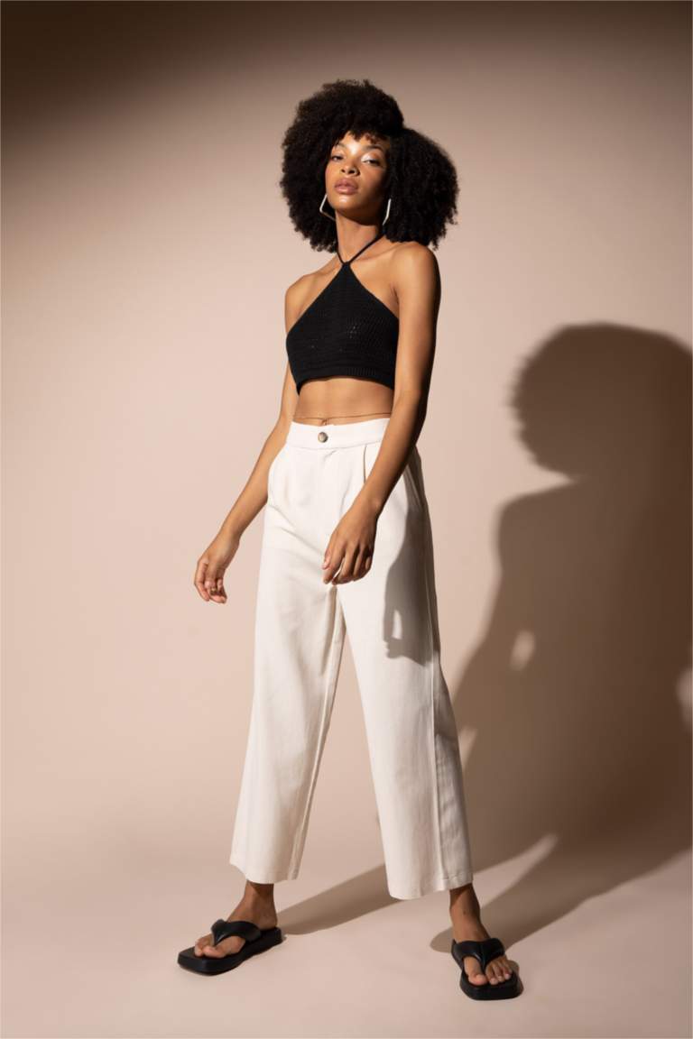Wide Leg Cepli Beli Lastikli Crop Keten Pantolon