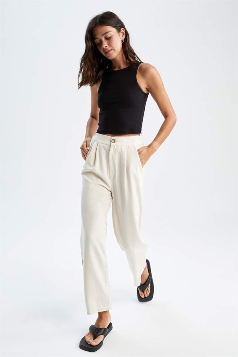 Wide Leg Cepli Beli Lastikli Crop Keten Pantolon