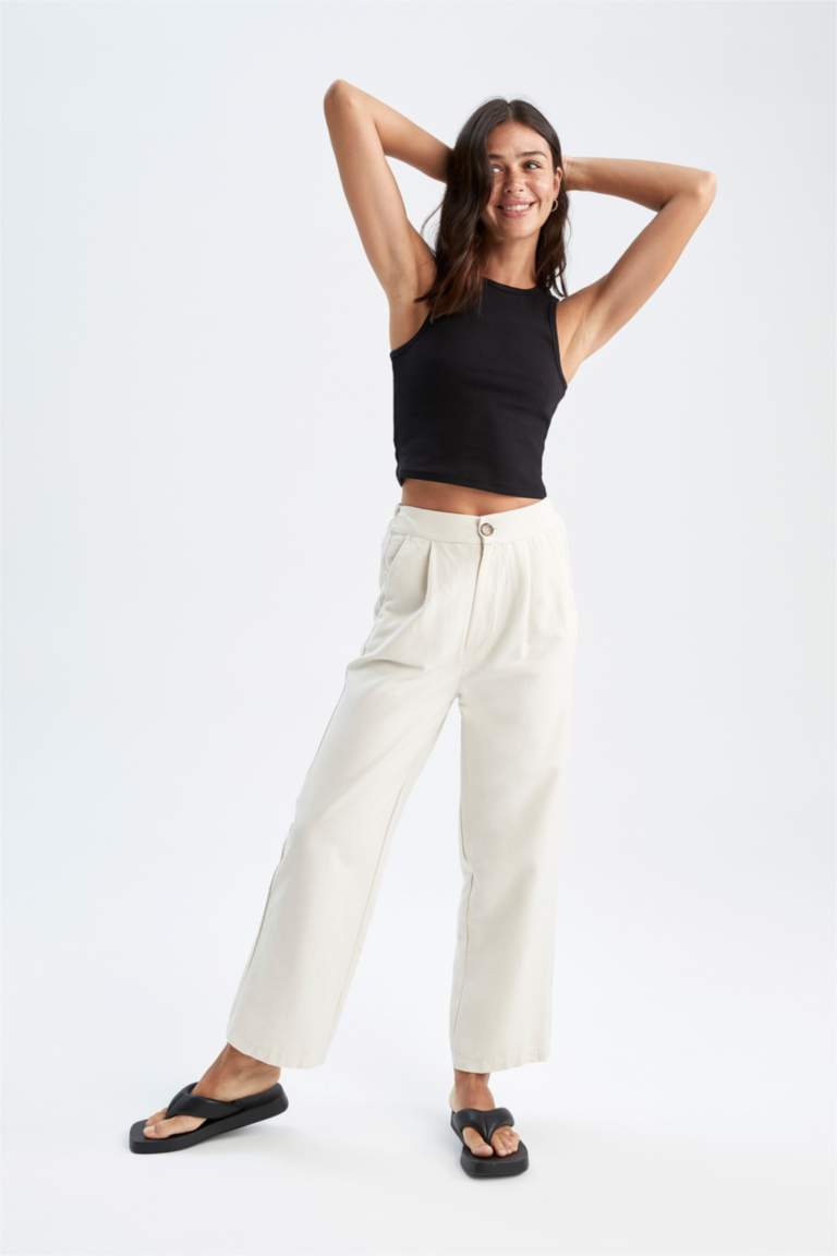 Wide Leg Cepli Beli Lastikli Crop Keten Pantolon