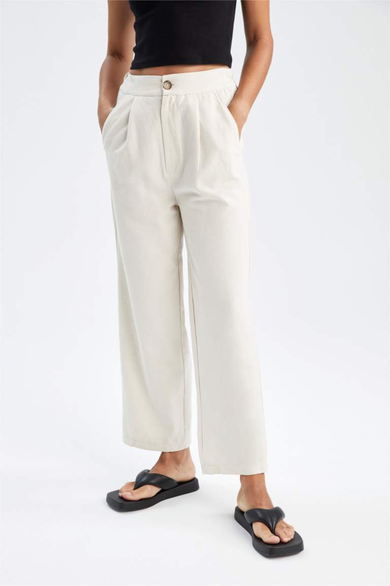 Wide Leg Cepli Beli Lastikli Crop Keten Pantolon