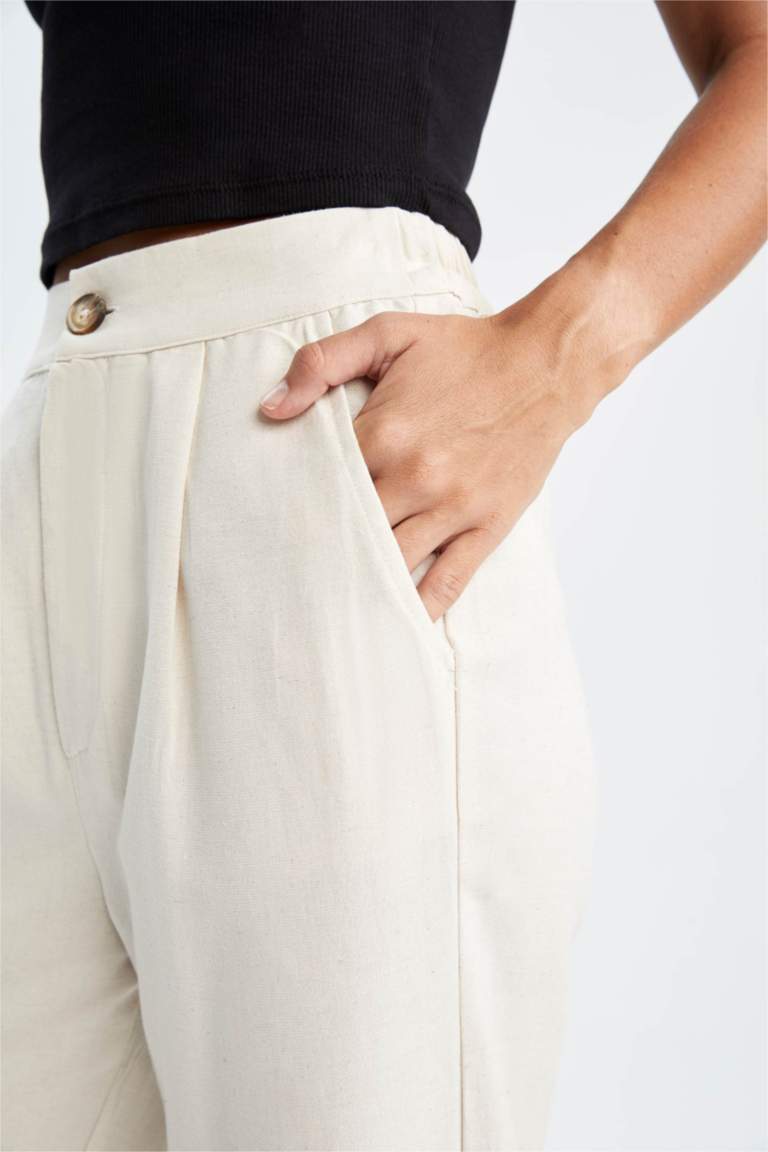 Wide Leg Cepli Beli Lastikli Crop Keten Pantolon