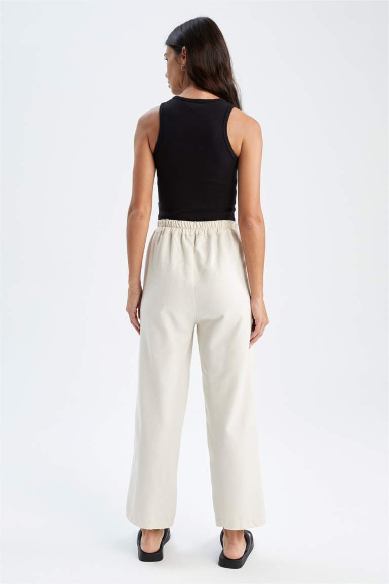 Wide Leg Cepli Beli Lastikli Crop Keten Pantolon