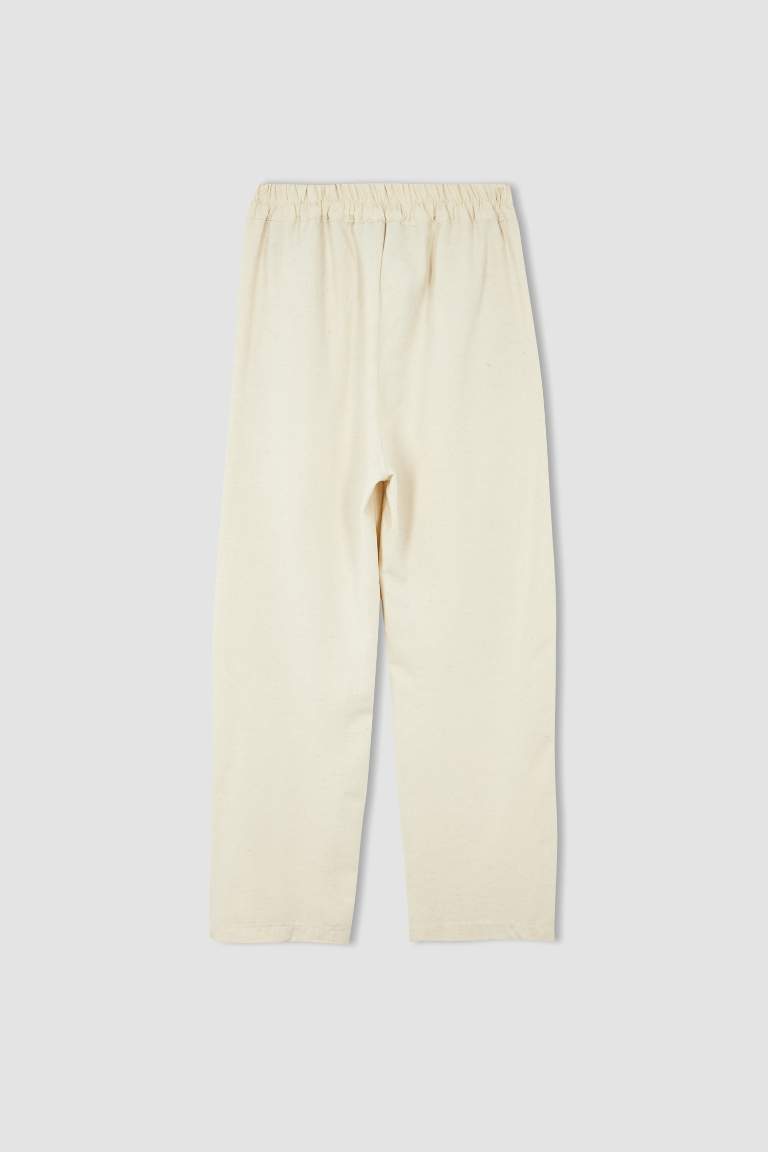 Wide Leg Cepli Beli Lastikli Crop Keten Pantolon