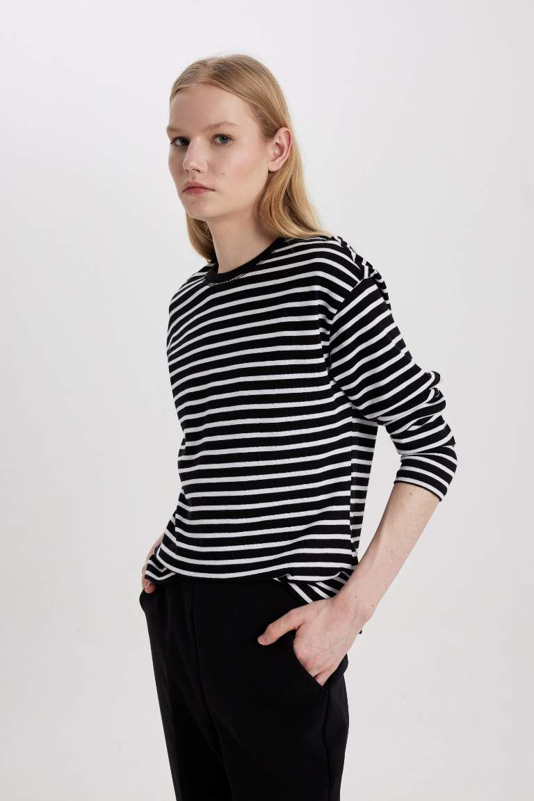 Regular Fit Crew Neck Striped Cotton Long Sleeve T-Shirt