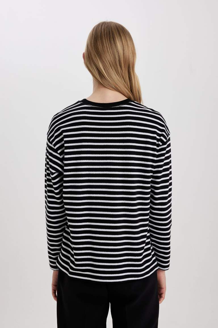 Regular Fit Crew Neck Striped Cotton Long Sleeve T-Shirt