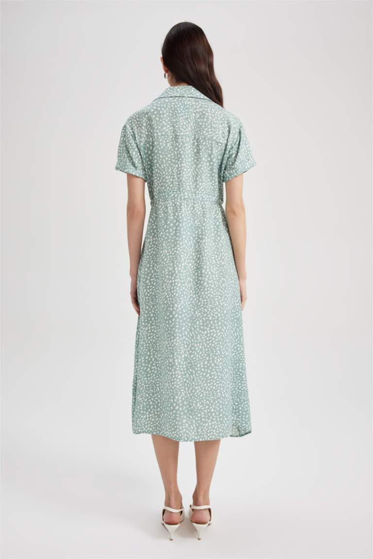 Traditional  Desenli Gömlek Yaka Kısa Kollu Viskon Midi Gömlek Elbise