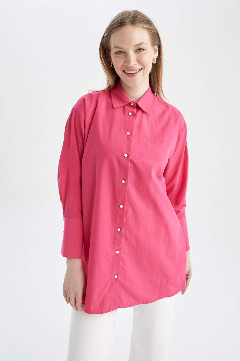 Pink Woman Relax Fit Poplin Shirt Collar Long Sleeve Tunic 2642243