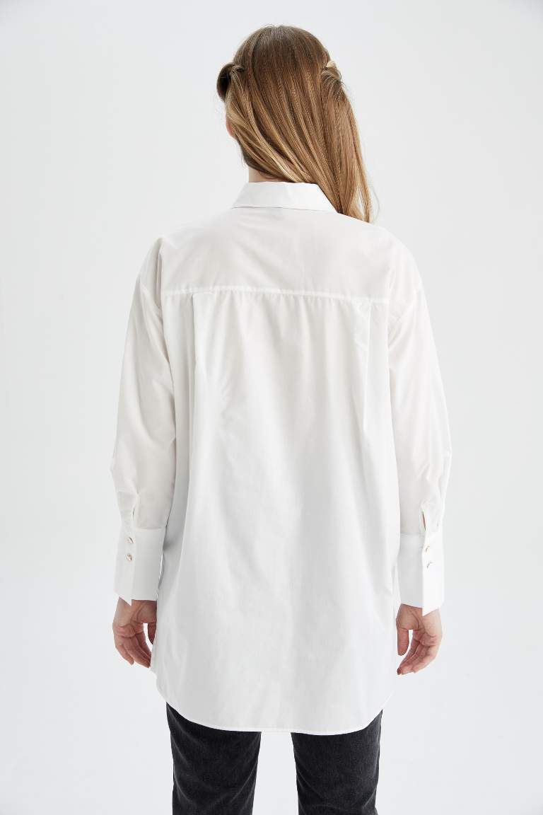 White Woman Relax Fit Poplin Shirt Collar Long Sleeve Tunic 2654570