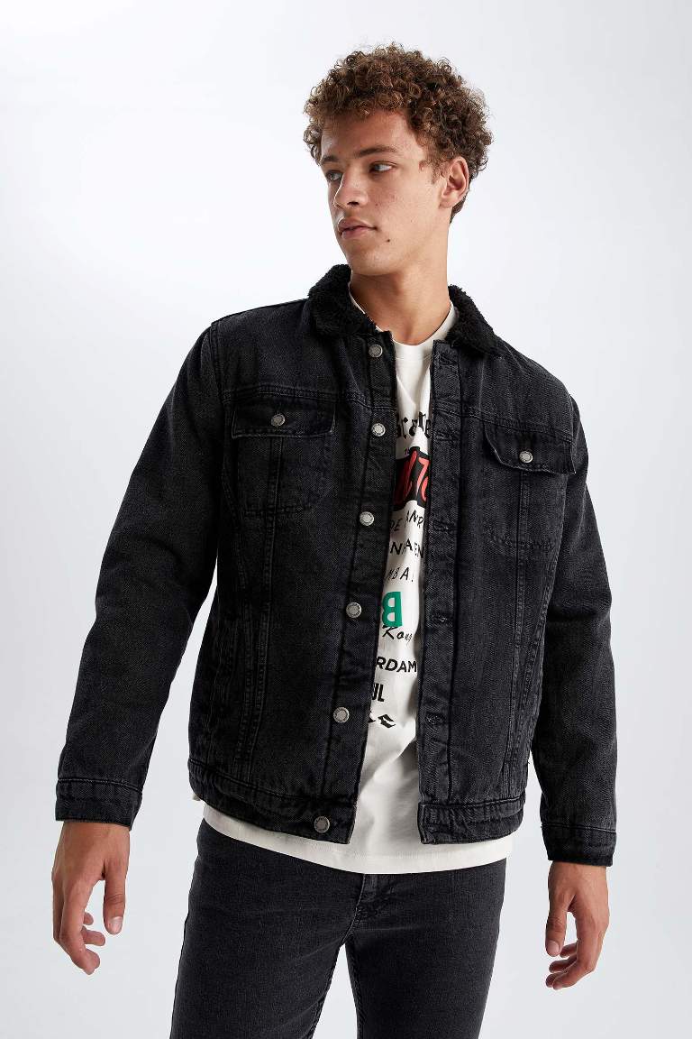 Slim Fit Dar Kesim Suni Kürklü Yaka Jean Ceket