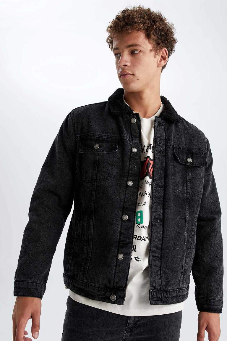 Slim Fit Dar Kesim Suni Kürklü Yaka Jean Ceket