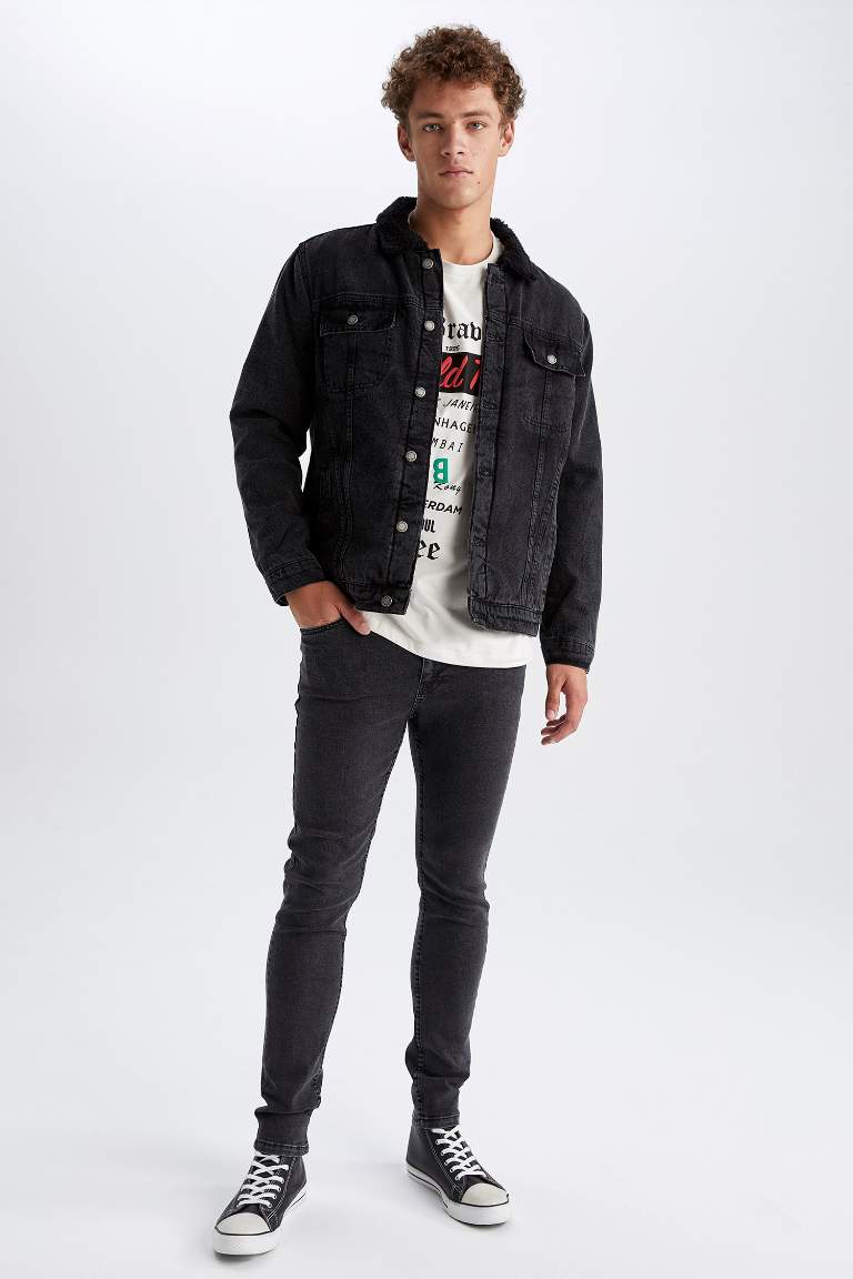 Slim Fit Dar Kesim Suni Kürklü Yaka Jean Ceket