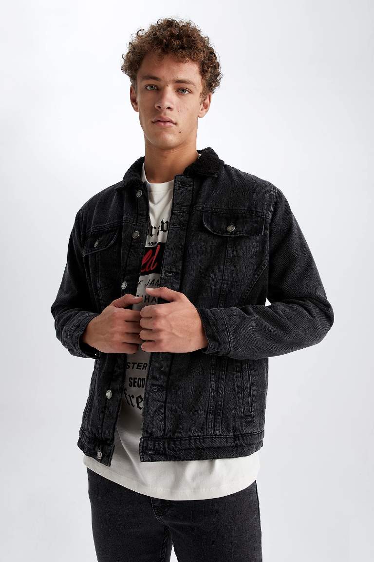 Slim Fit Dar Kesim Suni Kürklü Yaka Jean Ceket
