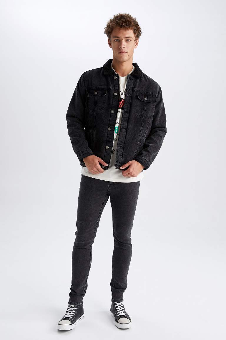 Slim Fit Dar Kesim Suni Kürklü Yaka Jean Ceket