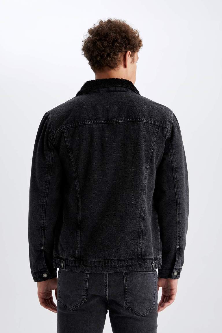 Slim Fit Dar Kesim Suni Kürklü Yaka Jean Ceket