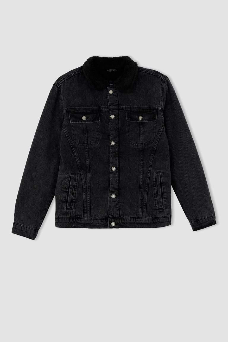 Slim Fit Dar Kesim Suni Kürklü Yaka Jean Ceket