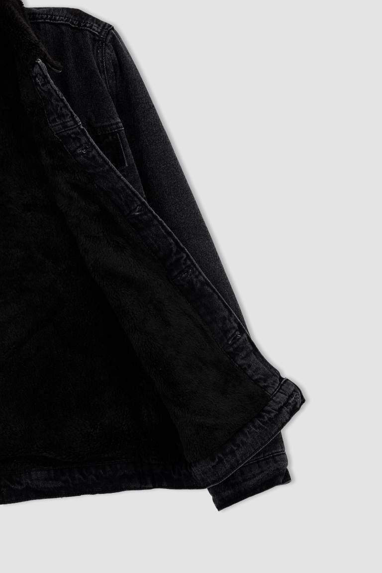 Slim Fit Dar Kesim Suni Kürklü Yaka Jean Ceket
